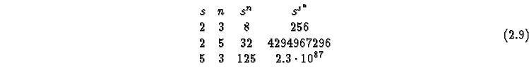 \begin{equation}
\begin{array}{cccc}
s & n & s^n & s^{s^n} \\
2 & 3 & 8 & 256\\...
... 32 & 4294967296\\
5 & 3 & 125 & 2.3 \cdot 10^{87}\\
\end{array}\end{equation}