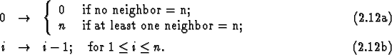 \begin{mathletters}
\begin{eqnarray}
0 &\rightarrow& \left\{\begin{array}{ll}
0...
...ightarrow& i-1; \mbox{\quad for $1\le i \le n$}.
\end{eqnarray}\end{mathletters}