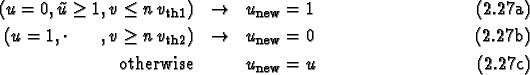 \begin{mathletters}
\begin{eqnarray}
(u=0, \tilde u\ge 1, v\le n\,v_{\rm th1}) &...
...rm new}=0\\
\mbox{otherwise} && u_{\rm new} = u
\end{eqnarray}\end{mathletters}